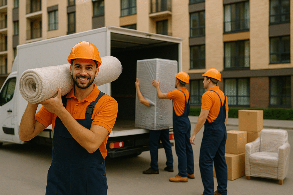 عمال شركة بشاير الخير لنقل العفش في جدة أثناء تحميل الأثاث على سيارة دينا أمام عمارة سكنية